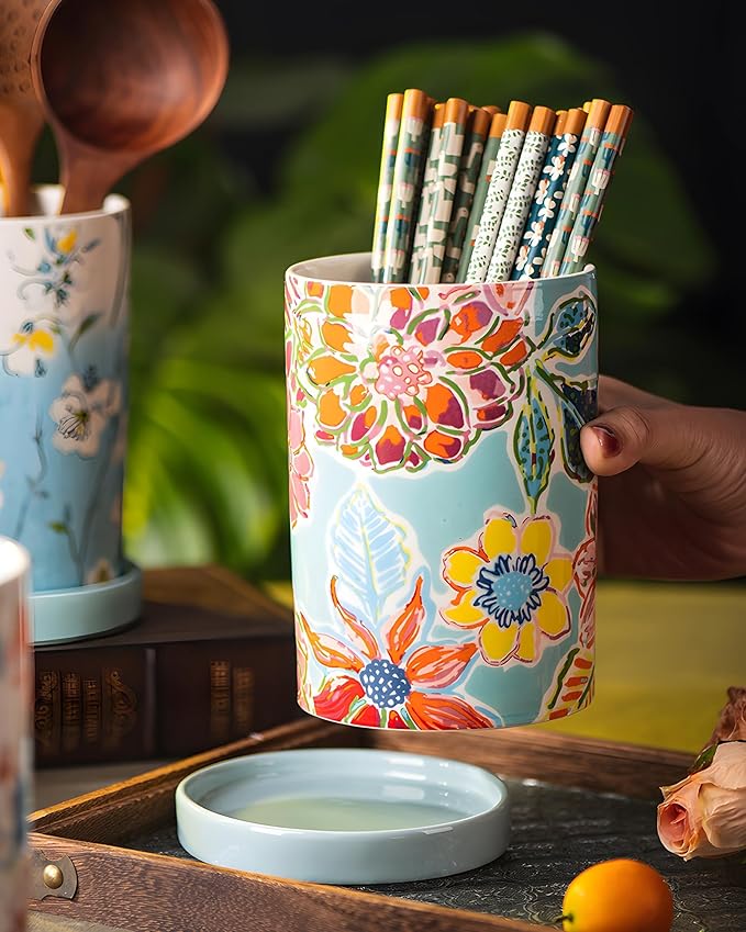 Utensil Holder for Kitchen Counter, Large Ceramic Utensil Holder Crock with Drain Tray, Hand-Painted Floral Rustic Farmhouse Kitchen Crock, Perfect for Women, Christmas, Hostess Gifts & Fall Decor