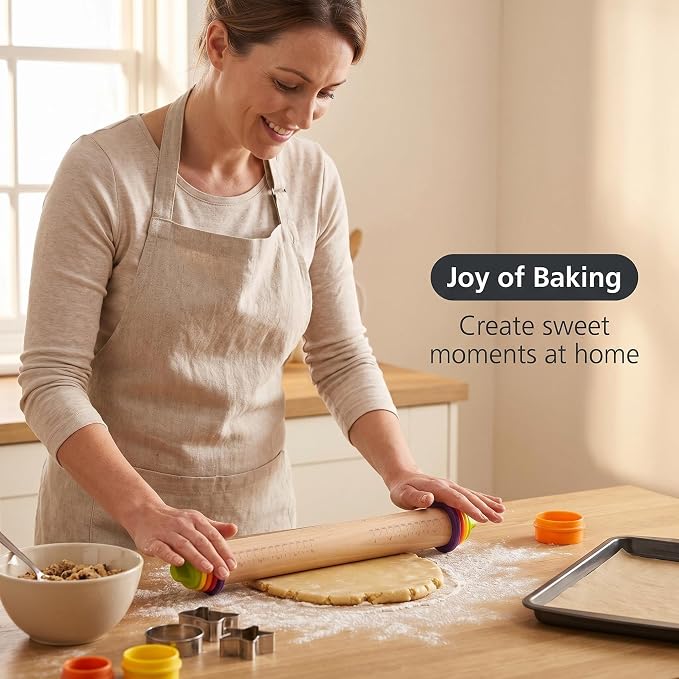 Adjustable Rolling Pin with Thickness Rings, 13.78" Dough Roller with 4 Multicolored Rings,Wooden Rolling Pins for Baking, Bread, Pizza Doughs, Pie Crusts-Home Baking Gift