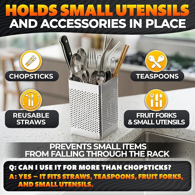 Dishwasher Chopstick Basket – 2.87" x 2.87" x 4" Stainless Steel Utensil Holder, Rust-Resistance Chopstick Holder for Dishwasher Basket – Hanging Caddy for Organizing Chopsticks, Straws and Teaspoons