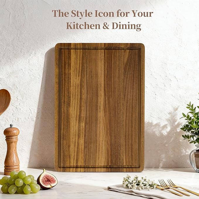 Teak Cutting Board for Kitchen - Solid Teak Wood Chopping Board with Handle & Juice Groove, Heavy-Duty Hardwood Cutting Boards Wooden Butcher Block for Meat, Fish, Vegetables, Fruits