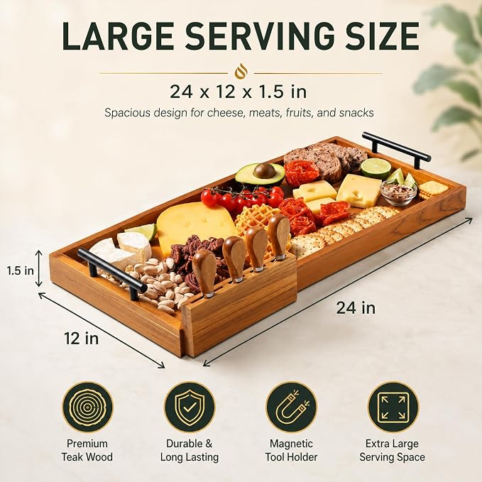 24" Teak Wood Large Charcuterie Tray with Handles, Extra Long Wooden Serving Cheese Boards 05