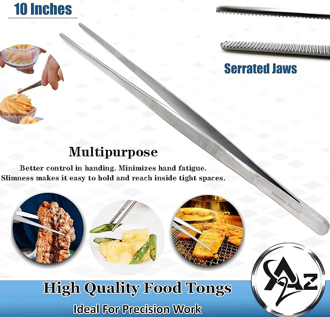 Professional Culinary Stainless Steel Precision Tongs with Serrated Tips, Plating/Food Presentation Detailing Serving Tongs, Chef's Kitchen Tweezer Tongs - Ultra Non-Slip Grip (10 Inch)