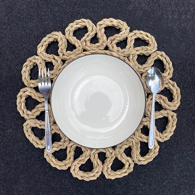 Laquedecraft 13.8" Set of 10 Round Seagrass Placemats | Boho Woven Rattan Table Mats | Farmhouse Wicker Spring Plate Chargers Like Water Hyacinth, Seagrass for Wedding, Party, Christmas, Events
