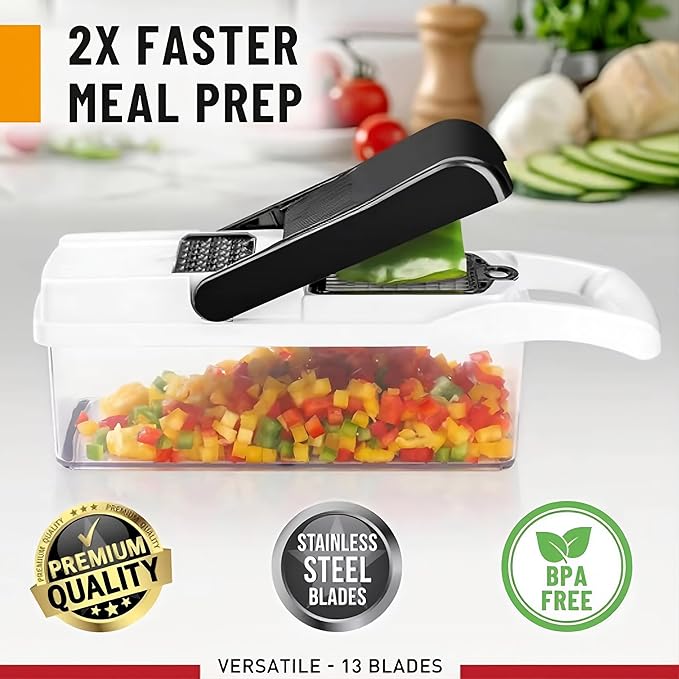 25-in-1 Vegetable Chopper, Onion Dicer, Food Slicer & Spiralizer with Container, Stainless Steel Blades, BPA-Free Multi-Function Kitchen Cutter for Meal Prep