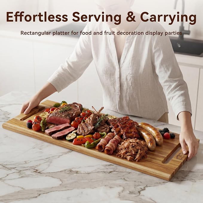 LDQ 36 Inch Extra Large Charcuterie Board, Acacia Wood Long Serving Board with Handles and 2 Stands, Rectangular Cheese Platter, Cutting Board and Serving Tray for Meat, Party Appetizers
