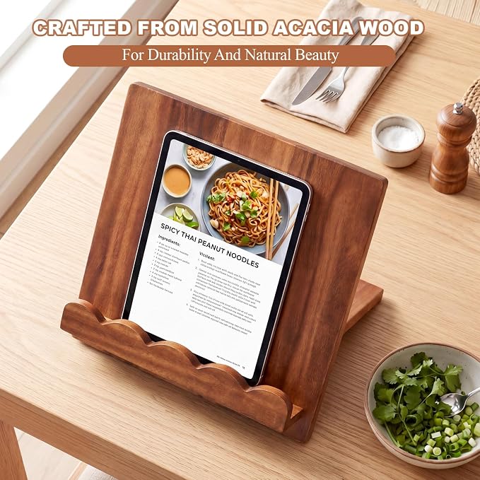 Mifoci Scalloped Acacia Wood Cookbook Stand, Recipe Book Pad Tablet Holder Stand for Kitchen Counter Decor