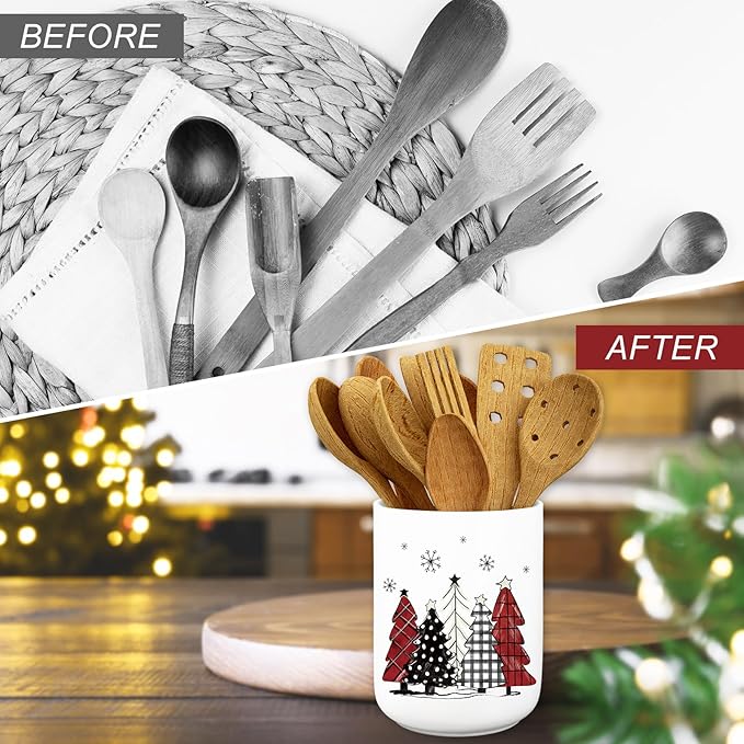JarThenaAMCS Christmas Ceramic Utensil Holder Red Black White Plaid Xmas Tree Utensil Crock for Winter Home Kitchen Countertop Storage Organizer Container