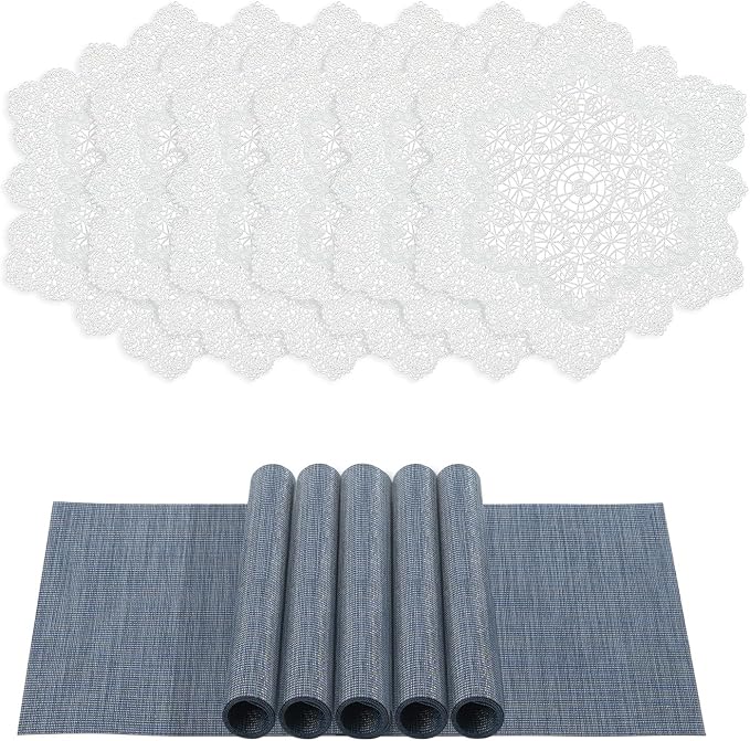 BACKTOEDEN Placemats Set of 6 Heat Resistant Washable Wipeable Placemat Woven Non-Slip Foldable Vinyl/Plastic Place Mats Indoor/Outdoor Mat Kitchen Dining Table Pad, White Snowflake & Blue