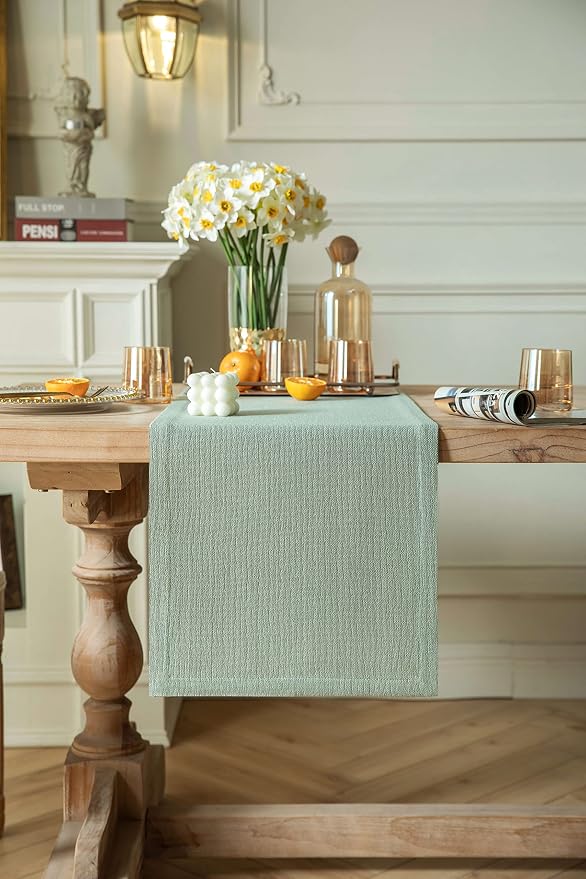 ZeeMart Burlap Style Farmhouse Table Runners 90 Inches Long, Sage Green Rustic Woven Dining Table Runner for Everyday Use, 14x90 Inches, Seafoam