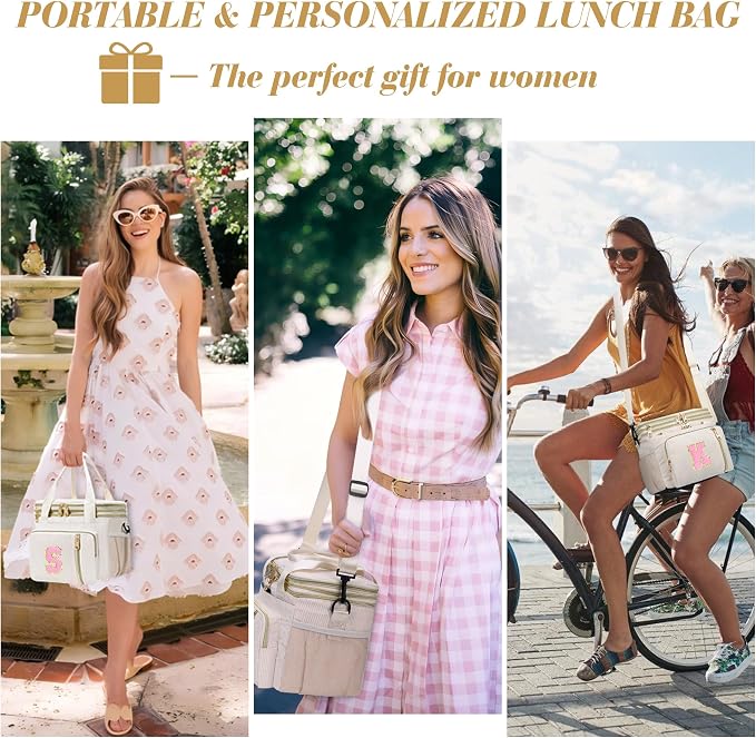 Personalized Initial Lunch Box for Women, Double-deck Expandable Large Insulated Cooler Lunch Bag with Shoulder Strap, Adult Lunch Box, Gifts for Women, Wife, Mom & Friends for Work, Picnic, Beach