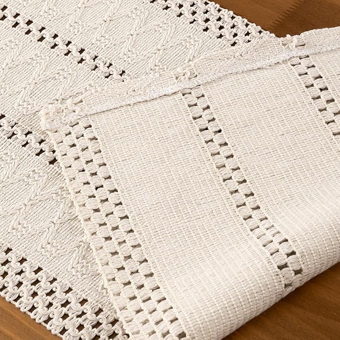 MLMC Ivory Boho Table Runner Farmhouse Macrame Woven Table Runner 48 inch Long Rustic Cotton Linen Blend Table Decor for Dinning Kitchen Wedding Bridal Shower Eveyrday Use 12x48 Inch
