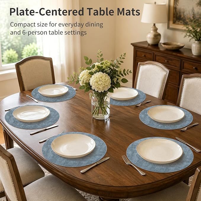Maxpearl Round Placemats Set of 6, 13.8 inch Faux Leather Heat Resistant Table Mats, Non Slip Waterproof Wipeable Place Mats for Kitchen Dining Holiday Party Table Settings, Blue