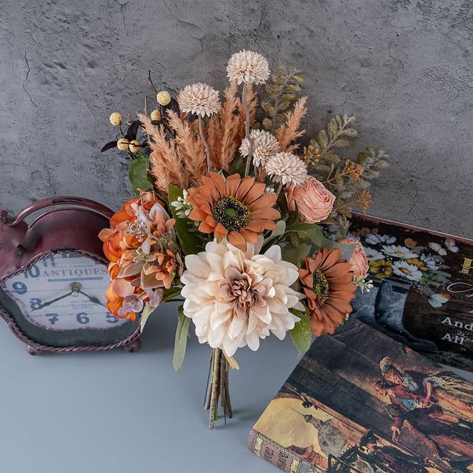 17-inch Artificial Fake Faux Flowers Silk Flower Arrangements Bouquets with Dandelions, Dahlias, Hydrangeas, Sunflowers, Roses, Astilbes and Shooting Star Branches(Autumn Haze)
