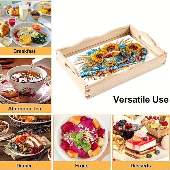BAYUNOE DIY Diamond Serving Tray Christmas Rectangular Breakfast Tray with Handle Handmade Diamond Art Painting Wooden Tray for Dinner Plate Coffee Room Living Home Organizer-Afternoon Tea
