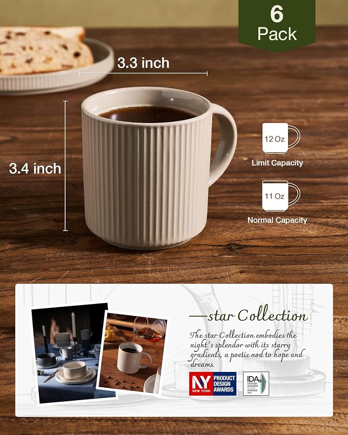 famiware Coffee Mug Set for 6, Star 12 oz Catering Mugs Cup Set with Handle for Coffee, Tea, Cocoa, Milk- Ceramic Stoneware Drinkware Set, Cinnamon Brown