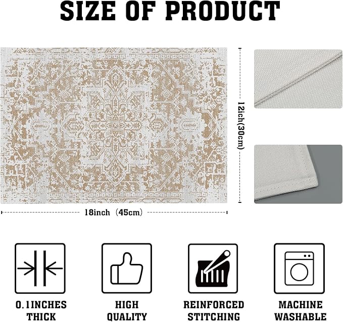 Gray Khaki Boho Placemats Set of 4 Ethnic Bohemian Carpet Place Mats Washable Kitchen Dining Vintage Grey Geography Floral Linen Table Mats Stain Heat-Resistant for Home Party Indoor 12x18 in