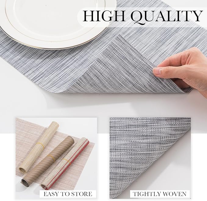 BACKTOEDEN Placemats Set of 8 Heat Resistant Washable Wipeable Placemats Woven Non-Slip Foldable Vinyl/Plastic Placemat Indoor/Outdoor Place Mats Kitchen Dining, Gray Silver Line
