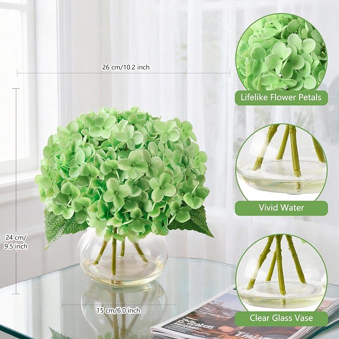Real Touch Faux Hydrangea Flowers in Glass Vase, No Watering Needed Silk Hydrangea Artificial Flowers for Farmhouse Wedding Decor Dining Table Centerpiece Bedroom Decor