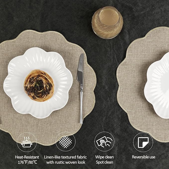 AHHFSMEI Round Faux Linen Placemats Set of 6 Heat Resistant Non-Slip Stain Proof Table Mats for Kitchen Dining Elegant Decor Place Mats (Linen Beige,6)