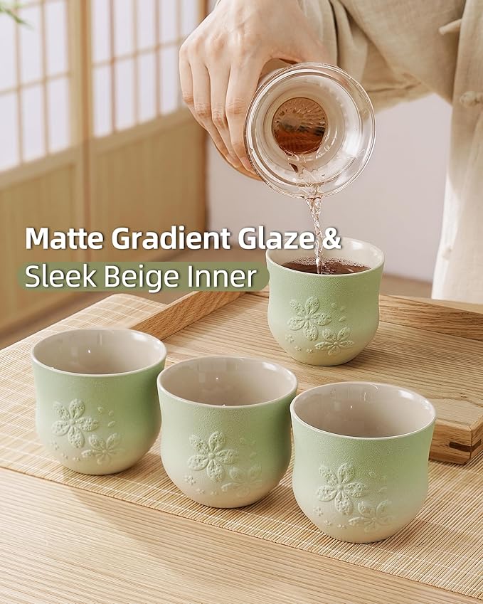 ZENS Japanese Tea Cups Set of 4 – 210ml Ceramic Tea Cups, Gradient Green Glaze, Embossed Design – Handleless Matcha & Gongfu Cups, Traditional Asian Style