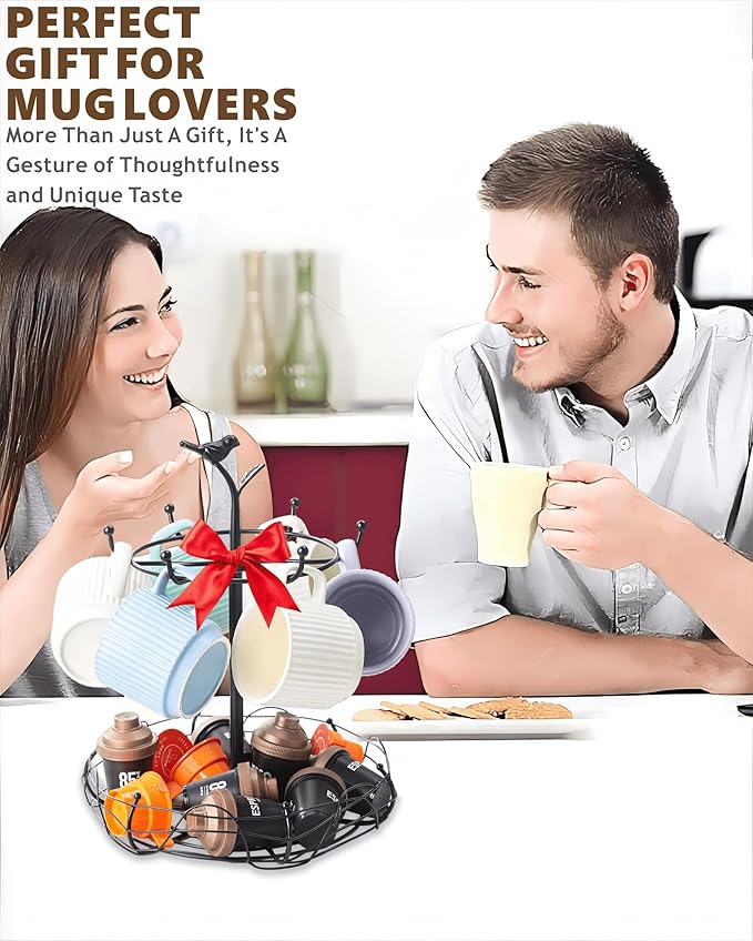 Rotating Mug Tree for Countertop | Decorative Bird & Nest Mug Holder with Storage Basket | Holds 6 Mugs & Pods | 360° Spinning Coffee Cup Rack for Kitchen, Coffee Bar Accessories & Home Décor