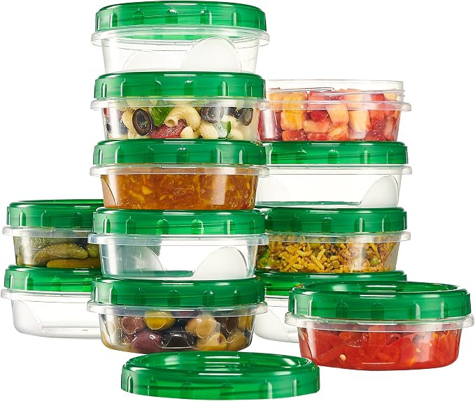 PLASTICPRO 12 Pack Twist Cap Food Storage Containers with Green Screw on Lid- 8 oz Reusable Meal Prep Containers - Freezer and Microwave Safe Green Plastic Food Storage
