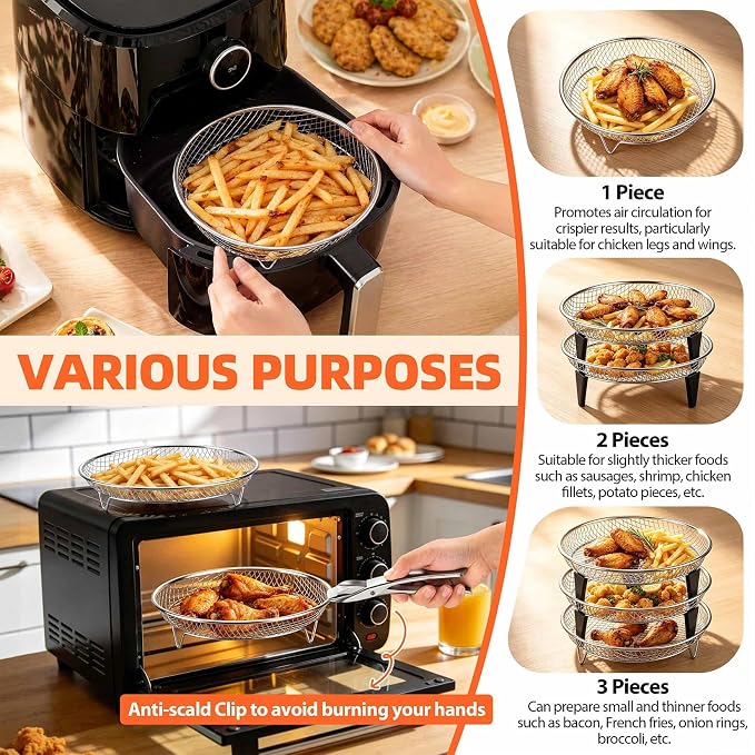 P&P CHEF 7.9 Inch Round Air Fryer Rack Basket Set, 3Pcs Stackable Stainless Steel Air Fryer Baskets Accessories for Roasting, With Anti-scalding Clip & Silicon Feet, Oven & Dishwasher Safe