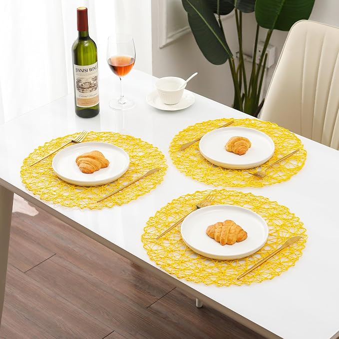 IcosaMro Yellow Round Placemats Set of 6 for Dining Table, 15 Inch Paper Woven Boho Decorative Circle Place Mat for Wedding Christmas Thanksgiving Day Holiday Dinner, 15 Inch,Yellow