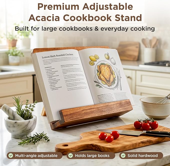 Acacia Wood Cookbook Stand – Adjustable Recipe Book Holder for Kitchen Counter, Sturdy Wooden Stand Fits Thick Cookbooks, iPads & Tablets