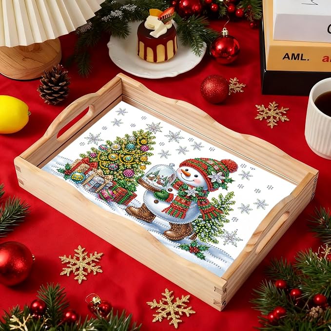 DIY Diamond Serving Tray with Handle Handmade Gem Painting Wooden Rectangular Breakfast Tray for Dinner Plate Coffee Room Living Home Organizer-Snowman