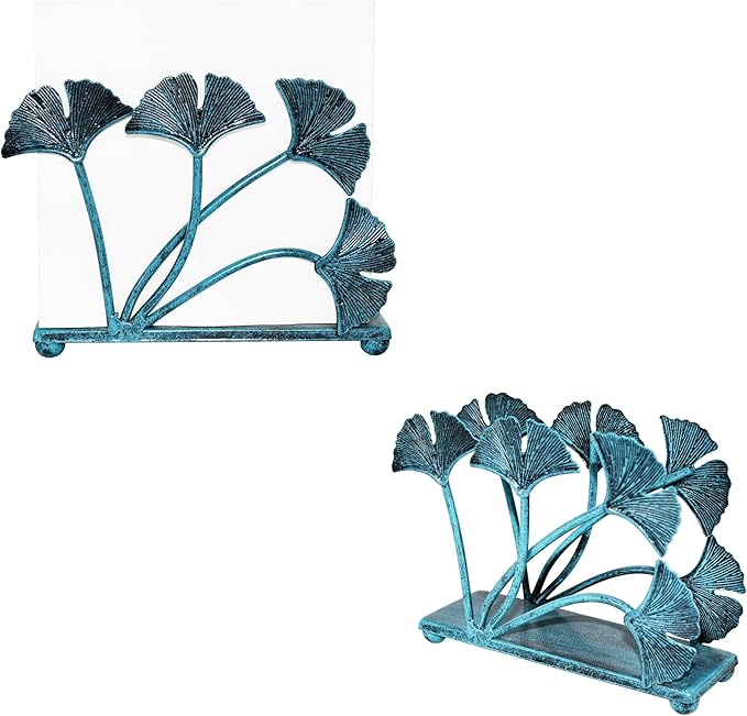 OwlGift Set of 2 Modern Ginkgo Leaves Design Napkin Holder, Metal Paper Napkin Storage for Kitchen, Stylish Paper Towel Dispenser, Mail Letter Sorter Rack, Document File Organizer – Turquoise