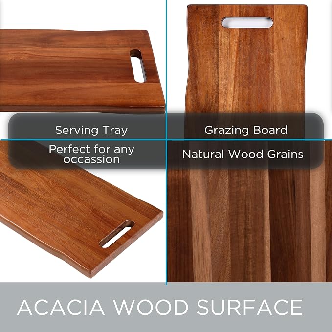 BIRDROCK HOME Acacia Wooden Cheese & Charcuterie Board with Handles 22" | Rectangular Food Platter for Bread, Meat, or Appetizers | Natural Wood Serving Tray Cutting Board for Kitchen & Outdoor Use