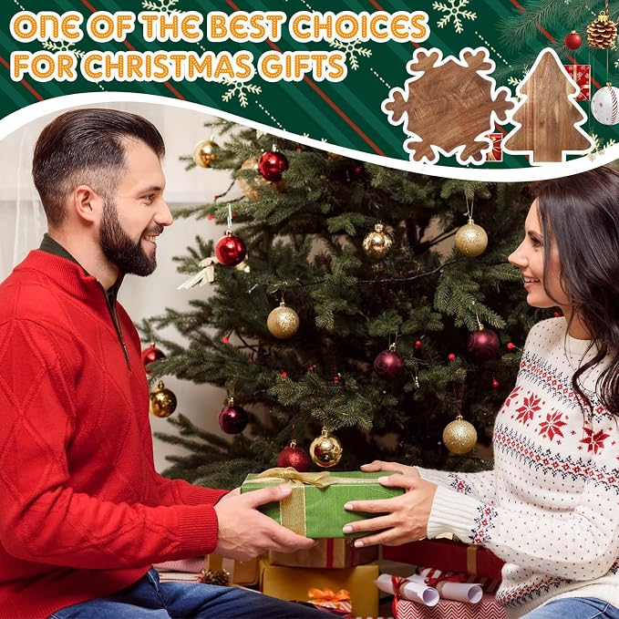 Umigy 2 Pcs Christmas Charcuterie Boards Christmas Tree Wooden Cutting Board with Handle Antler Acacia Wood Cute Cutting Board for Cheese Fruit Bread Salad Vegetables Snack Dessert(Snowflake Style)