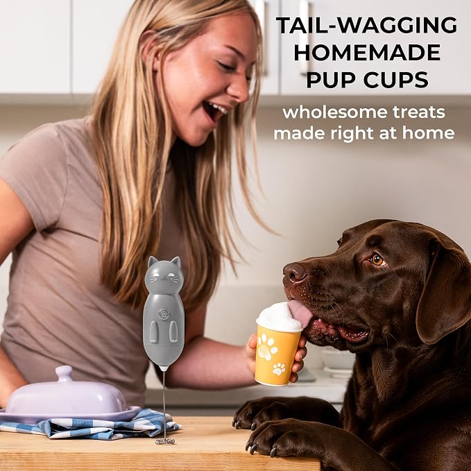 Zulay Kitchen Cat Milk Frother Wand – Cutesy Frother, Meet Your New Frothing Buddy Storm The Cat, Adoption Papers and Stickers Included, Purrr-fect for Lattes, Cappuccino & Matcha – Gray