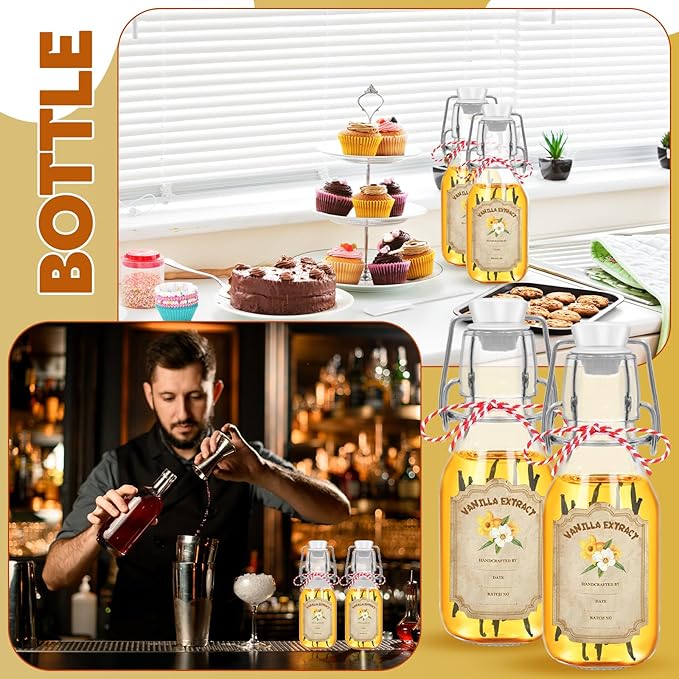 20 Pack Swing Top Glass Vanilla Extract Bottles 4 oz with Lids, Vanilla Extract Labels and Funnel, Glass Boston Vanilla Bottles for Syrup Gift, Flip Top Glass Bottles Jars for Vanilla Extract