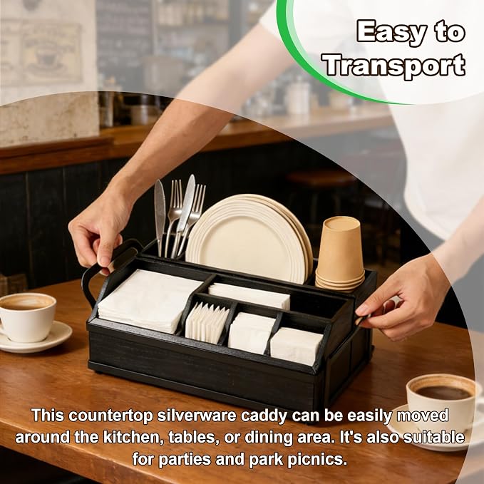 Large Kitchen Utensil Holder Caddy, 6 Compartments Wooden Utensils Organizer for Cooking Utensils, Silverware, Paper Plate, Spoon, Fork, Cutlery Storage on Kitchen Countertop for Party Hosting-Black