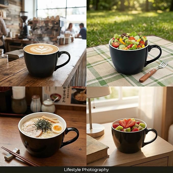 MECOWON 30 OZ Porcelain Coffee Mugs, Set of 2 Large Mugs for Soup, Cereal and Salad (black)