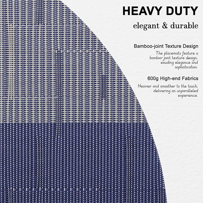 Round Placemats Set of 6, 15 Inch Woven Vinyl Heat Resistant Place Mats, Washable Non Slip PVC Table Mats for Kitchen Dining Party Outdoor Table Decor (Blue Gray, 6)