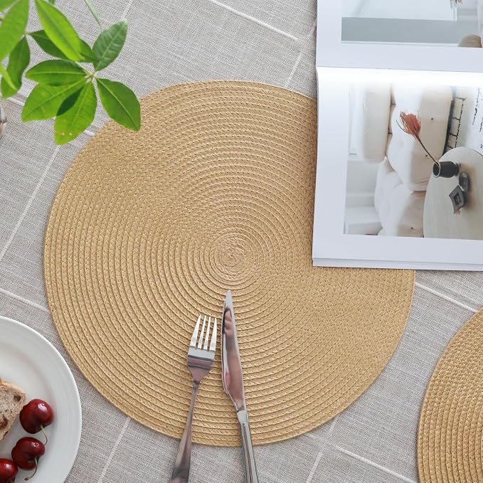 Winknowl Round Braided Placemats Set of 8 Washable Woven Heat Resistant Table Mats for Kitchen Dining Tables 15 inch Round Place Mats (Camel,8pcs)