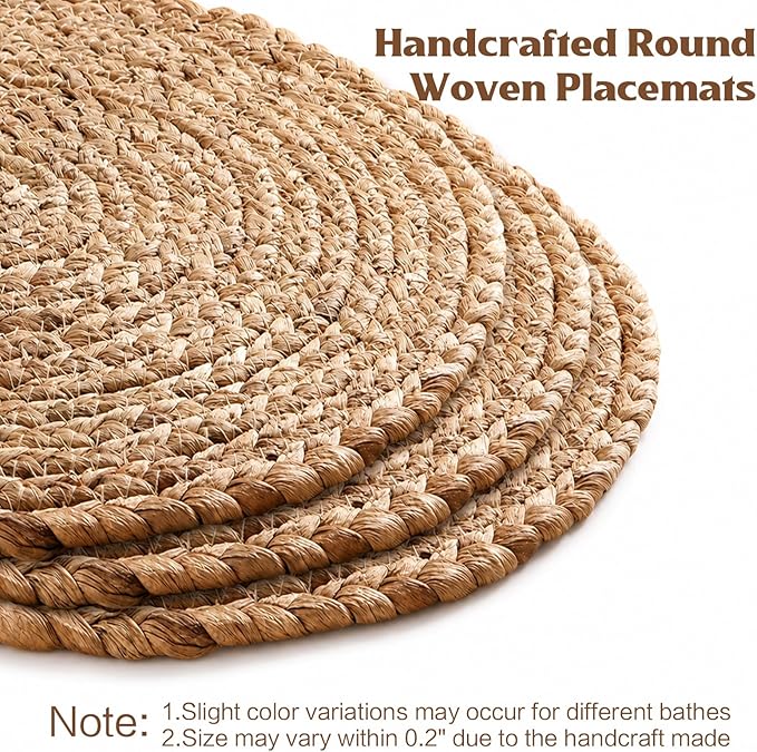Aofmee 12 inch Round Woven Placemats Set of 6, Boho Rattan Place Mats, Natural Water Hyacinth Table Placemats, Farmhouse Weave Table Mats, Rustic Braided Wicker Charger Plates for Dining Table Decor