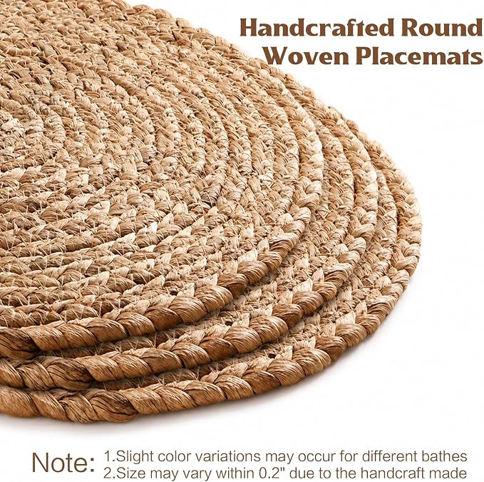 Aofmee 12 inch Round Woven Placemats Set of 10, Boho Rattan Place Mats, Natural Water Hyacinth Table Placemats, Farmhouse Weave Table Mats, Rustic Braided Wicker Charger Plates for Dining Table Decor