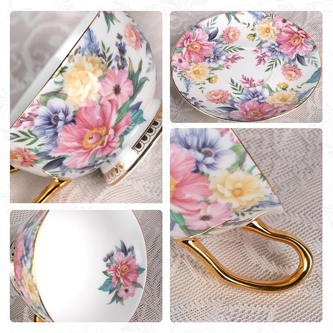 KAMMAK Tea Cups and Saucers Set of 2, Fine Bone China Coffee Cups, Stackable Espresso Mugs, Ceramic Demitasse for Coffee, Cappuccino, Latte, Americano, Tea, Blooming Flowers