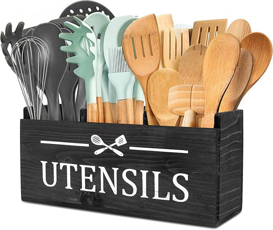 RedCall Wooden Kitchen Utensil Holder for Counter-top,Large Utensil Organizer for Storage Cooking Tool and Silverware,Extra Large Rustic Wood Container (Black)