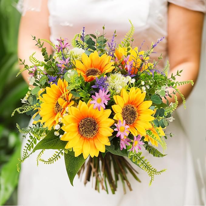 HUAESIN Sunflowers Artificial Flowers Bouquets Spring Flowers Artificia Fake Wildflowers Silk Cemetery Flowers Arrangements for Home Kitchen Office Table Centerpieces Wedding Party Grave Decor