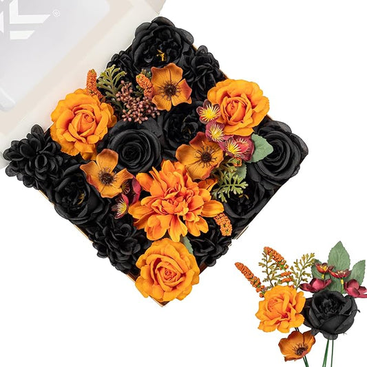FANKO Artificial Flowers for DIY, Black Orange Faux Flowers Bouquet, Fake Rose Poppy Silk Flowers for Vase, Home Decor, Celebrations, Summer Wedding, Gothic Events, Party