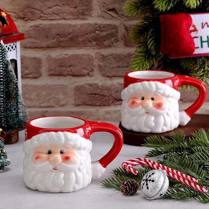 Sliner 4 Pcs Christmas Santa Coffee Mugs 11 oz Vintage Santa Claus Heads Ceramic Mug Christmas Themed Design Cup Set for Coffee Tea Hot Chocolate Xmas Holiday Gifts (Red)