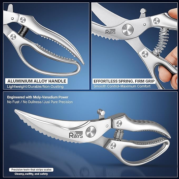 Heavy Duty Poultry Shears – Professional Stainless Steel Kitchen Scissors for Chicken, Turkey, Bone, Meat & Fish – Spring Loaded Spatchcocking Shears – Dishwasher Safe with Safety Lock