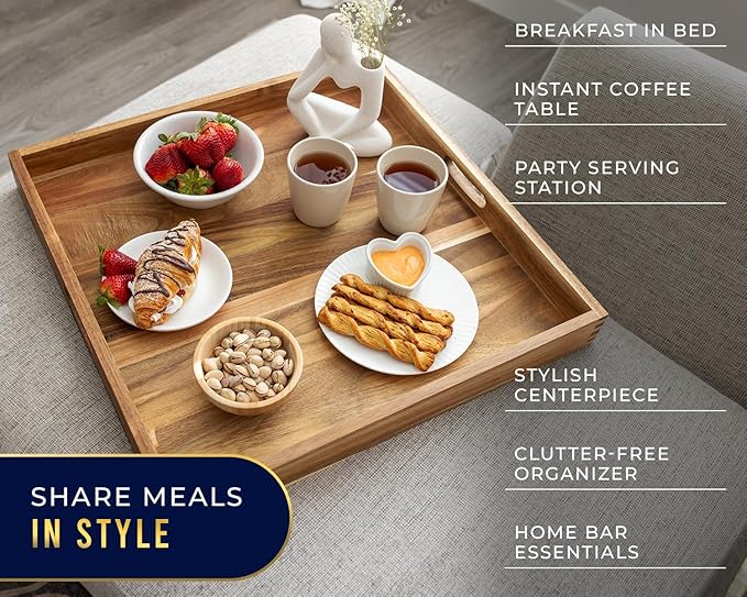 Extra Large (22") Comfify Square Premium Acacia Wood Ottoman Tray with Handles - Use for Serving Food in Style for Dinner, Breakfast, Snacks, BBQ, Entertaining Guests & More - Brown