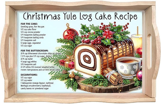 BAYUNOE DIY Diamond Serving Tray Christmas Rectangular Breakfast Tray with Handle Handmade Diamond Art Painting Wooden Tray for Dinner Plate Coffee Room Living Home Organizer-Cake