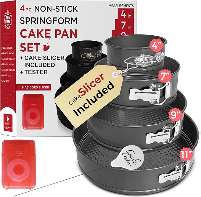 9 Inch Springform Pan Set - 4 NONSTICK Leakproof Cheesecake Pans 4/7/9/11” with CAKE SLICER and TESTER; INSTANT POT-Compatible Spring Form Pans for Baking – for Gifting - Layer Cakes, Quiches, etc